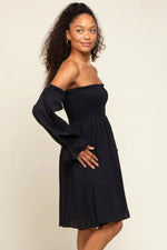 PinkBlush Black Smocked Off Shoulder Long Sleeve Dress - 