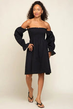 PinkBlush Black Smocked Off Shoulder Long Sleeve Dress - 