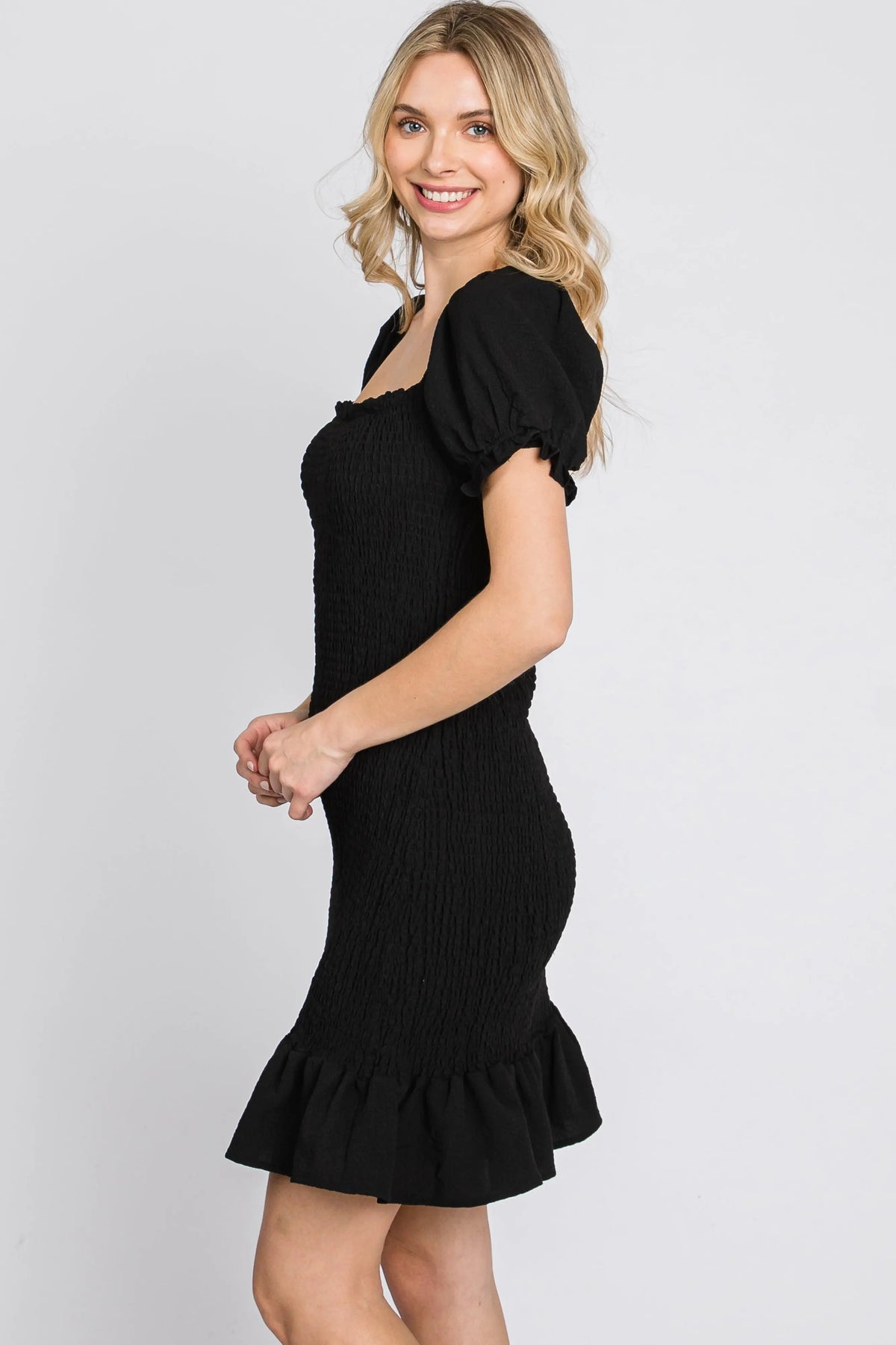PinkBlush Black Smocked Puff Sleeve Dress - 