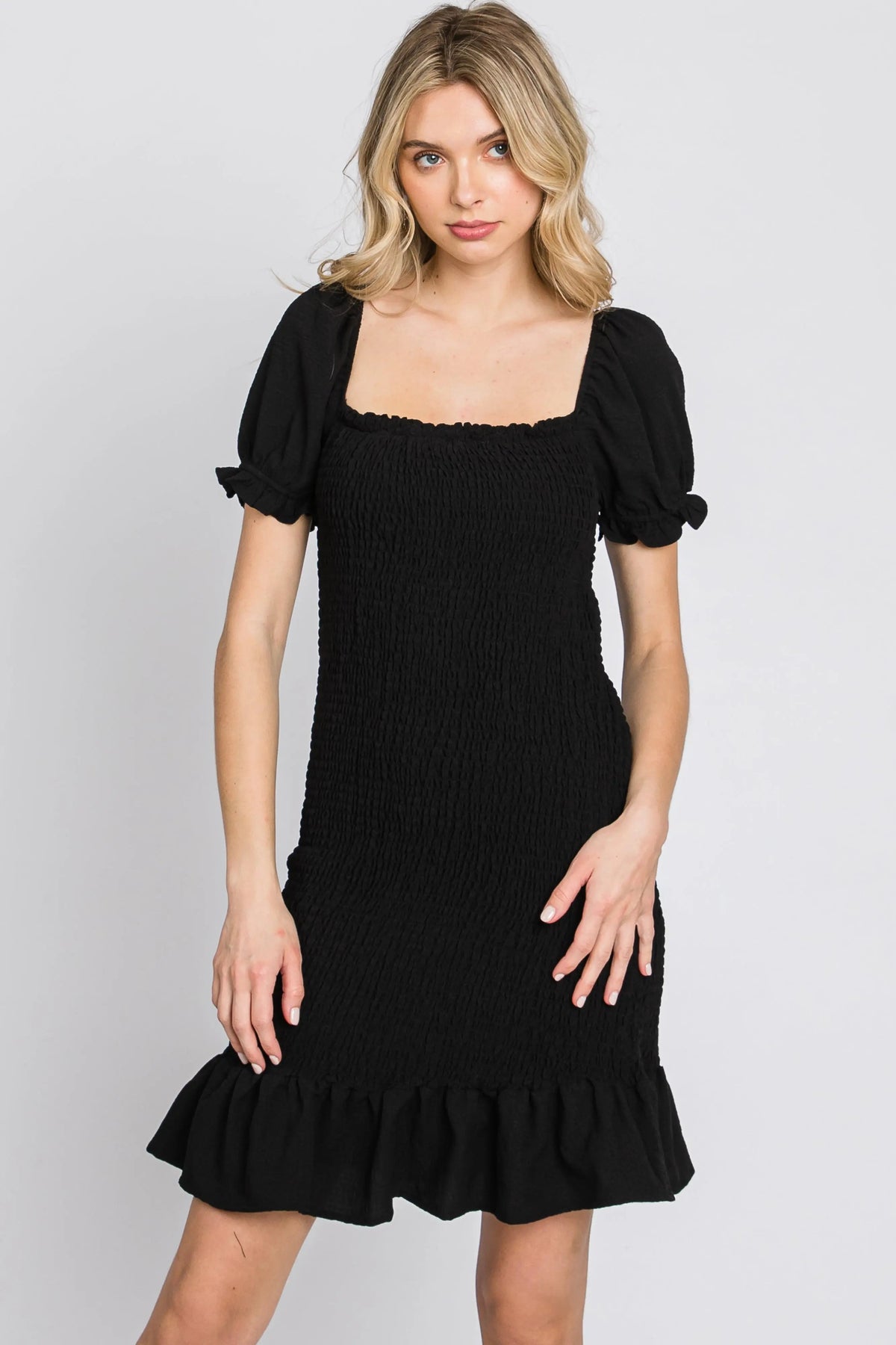 PinkBlush Black Smocked Puff Sleeve Dress - 