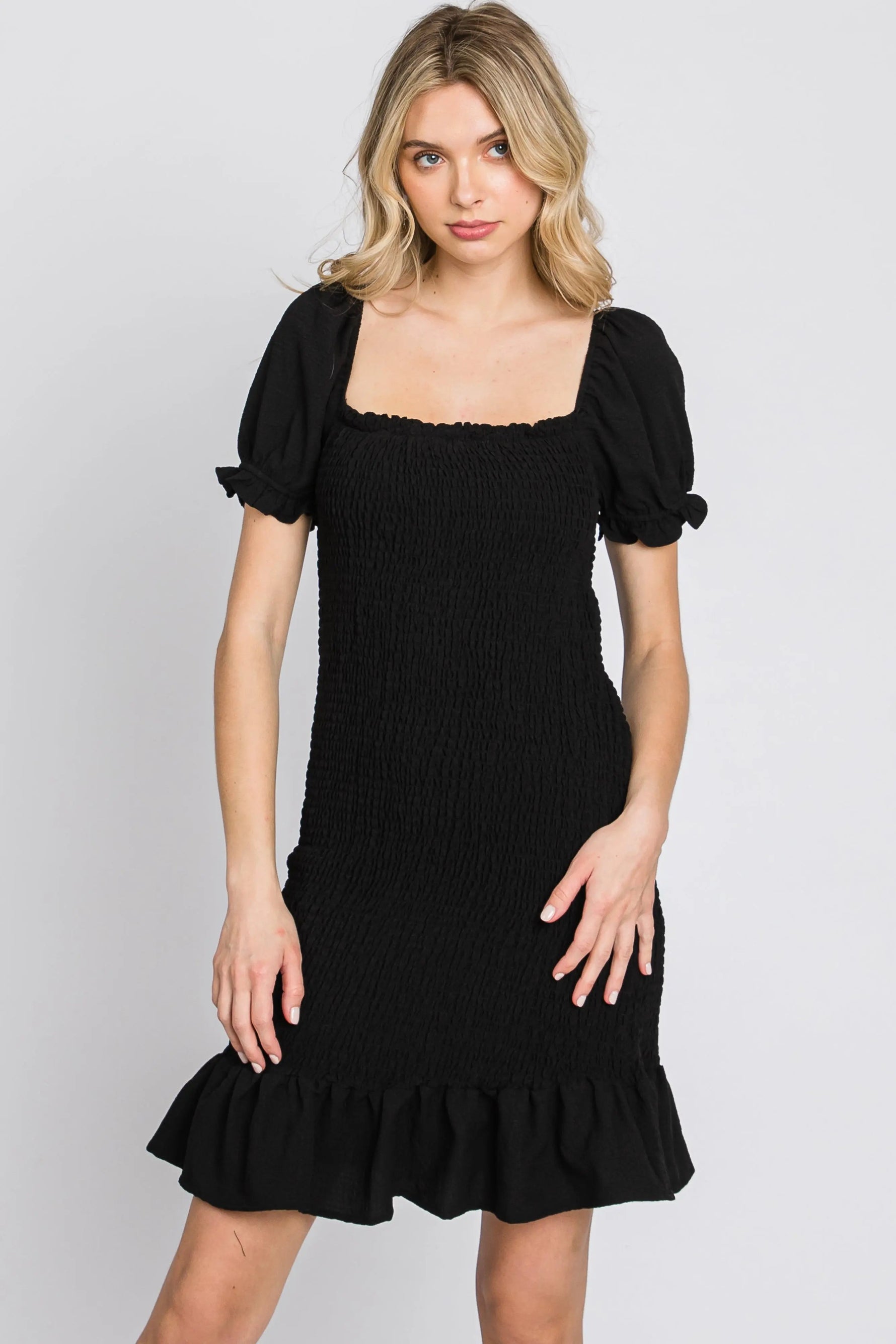 PinkBlush Black Smocked Puff Sleeve Dress - 