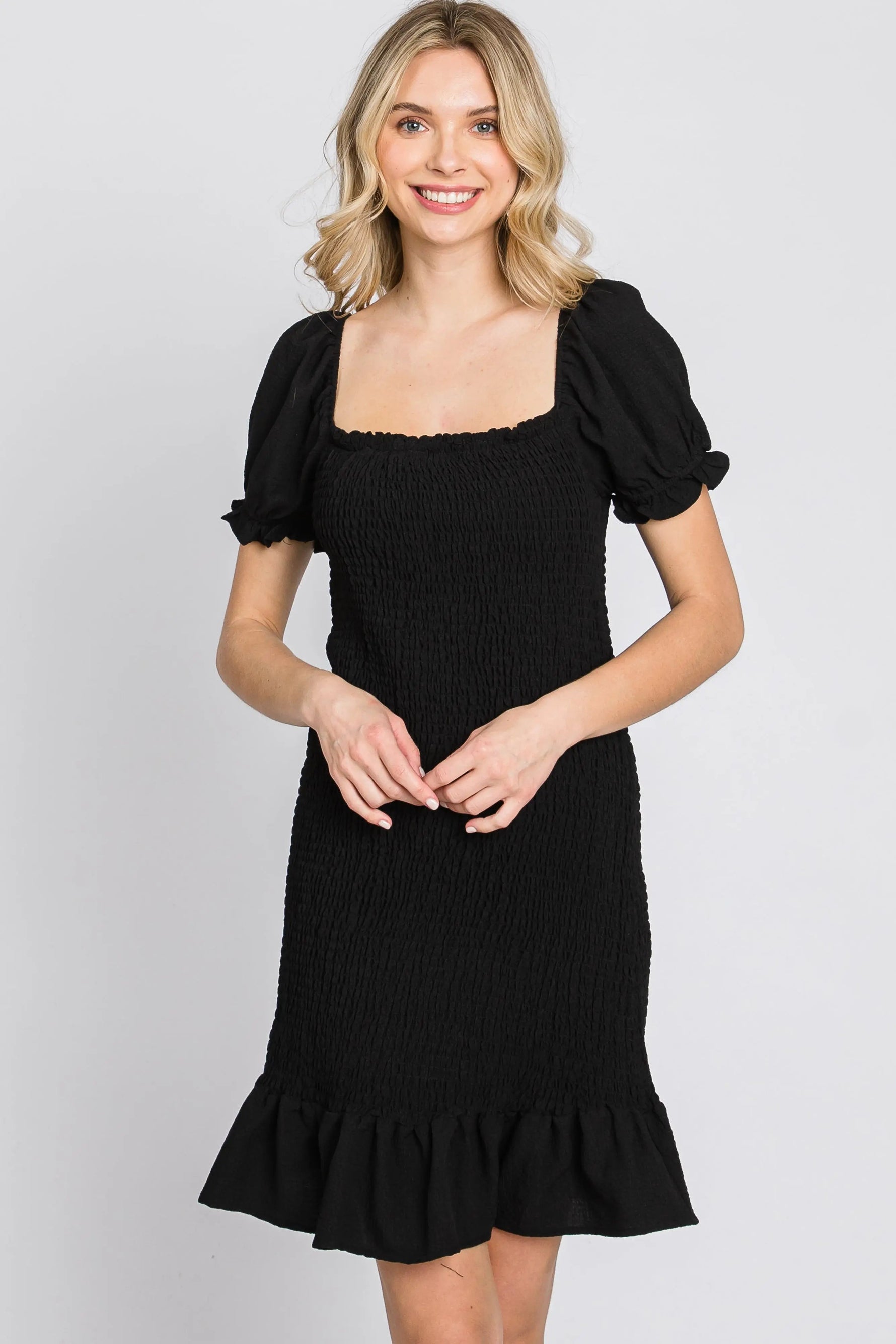 PinkBlush Black Smocked Puff Sleeve Dress - 