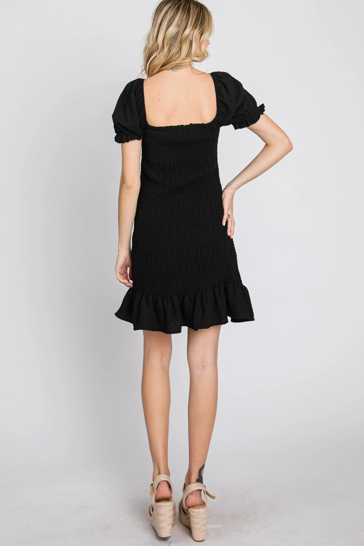 PinkBlush Black Smocked Puff Sleeve Dress - 