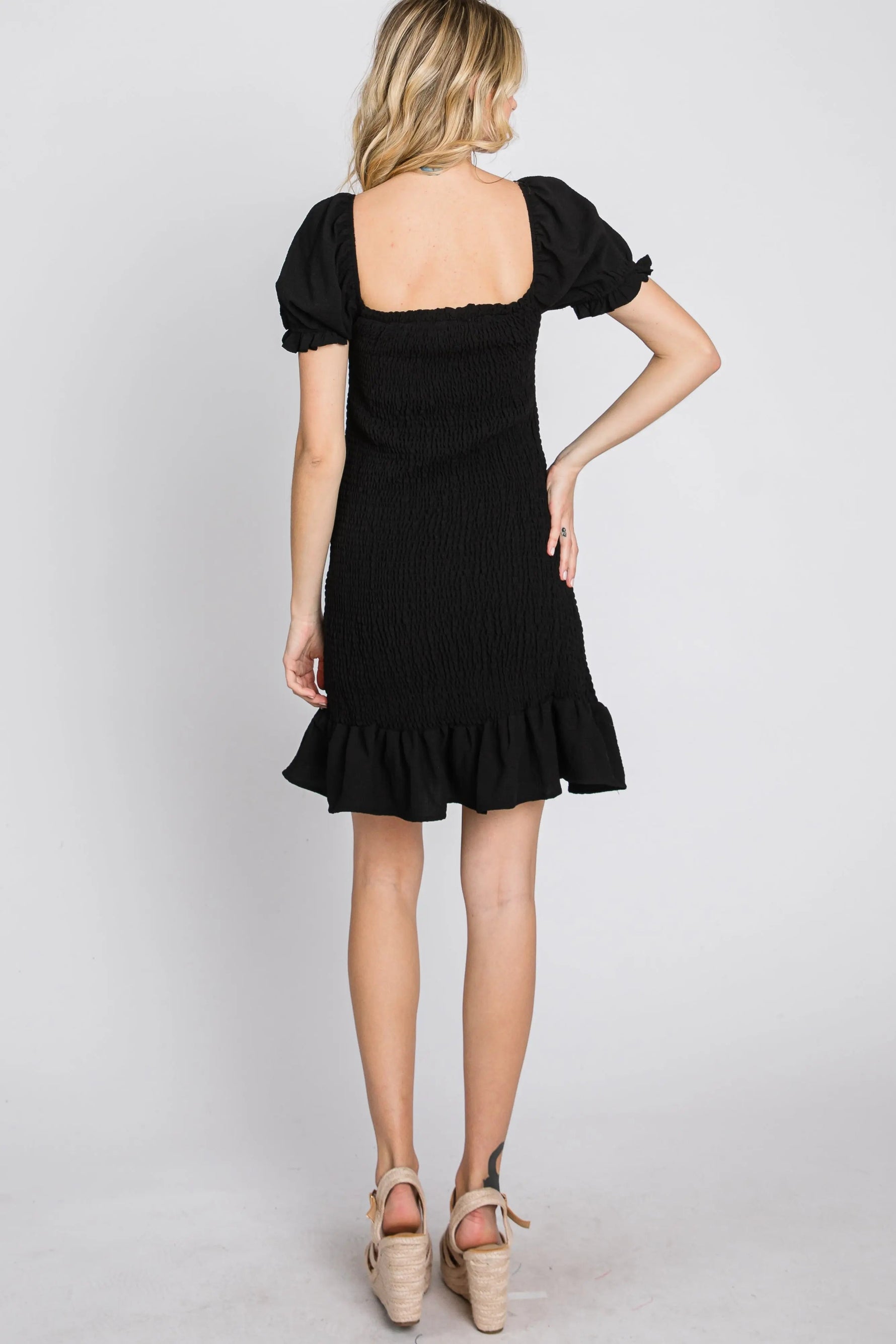 PinkBlush Black Smocked Puff Sleeve Dress - 