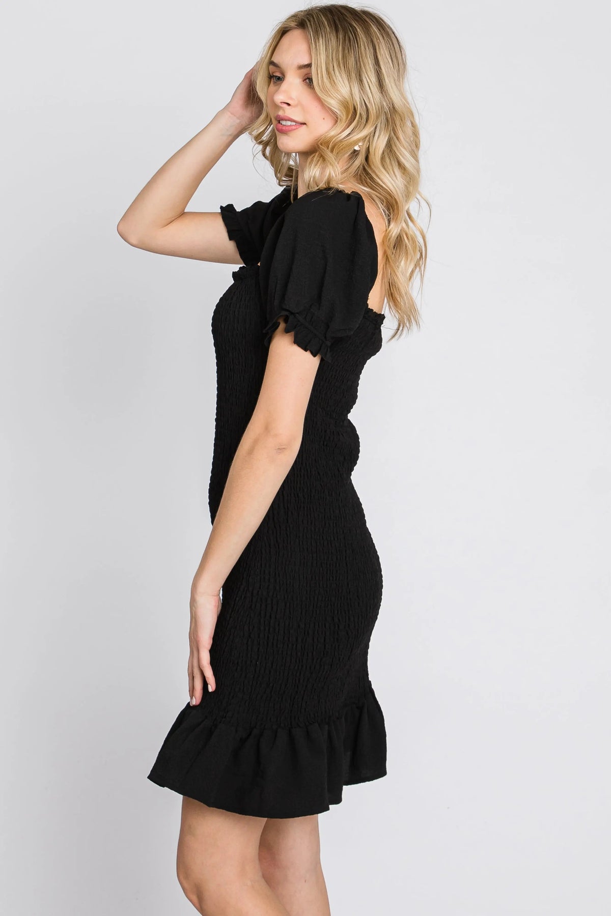 PinkBlush Black Smocked Puff Sleeve Dress - 