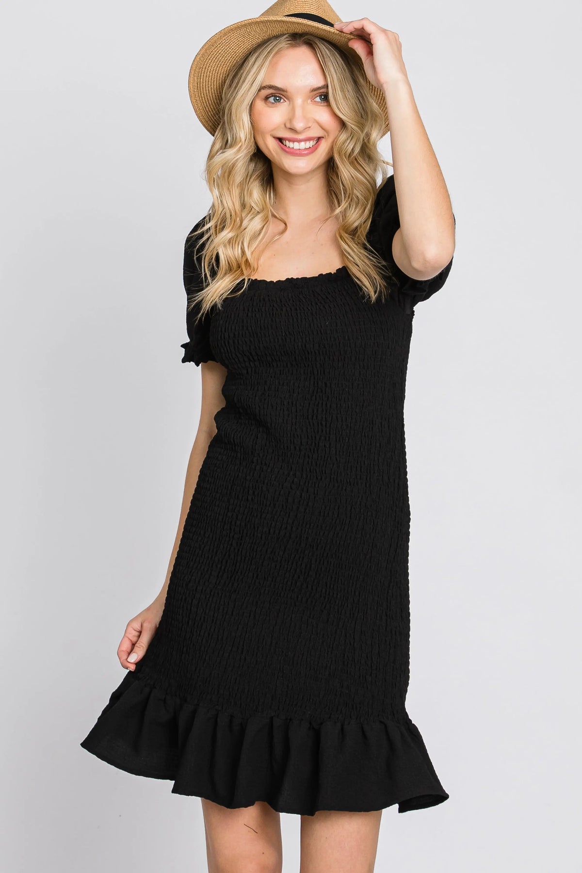 PinkBlush Black Smocked Puff Sleeve Dress - 