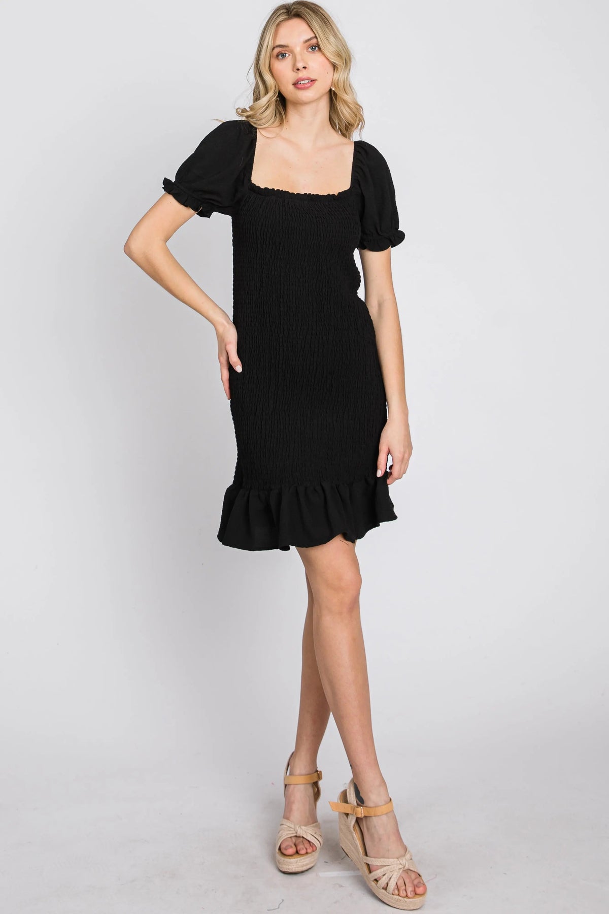 PinkBlush Black Smocked Puff Sleeve Dress - 