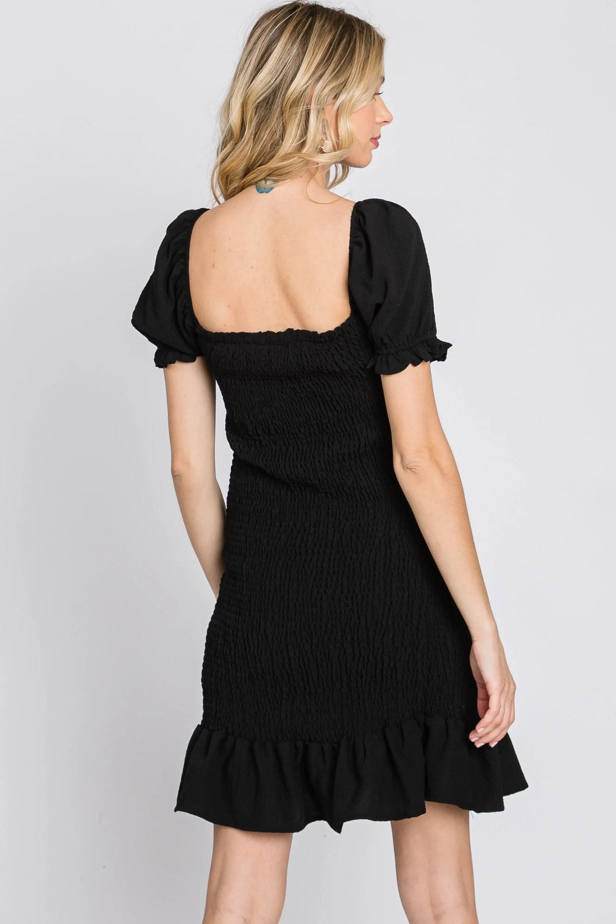 PinkBlush Black Smocked Puff Sleeve Dress - 