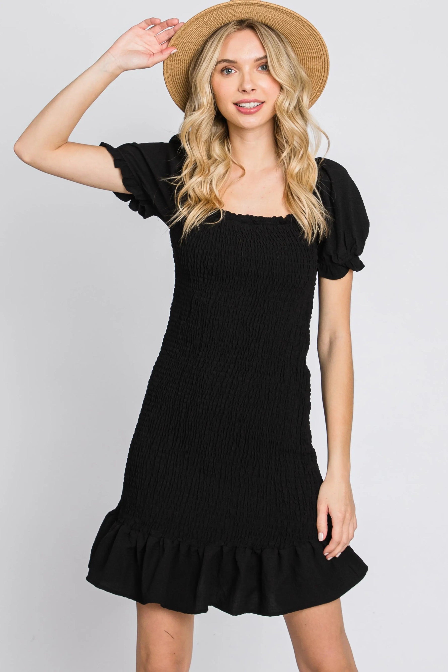 PinkBlush Black Smocked Puff Sleeve Dress - 