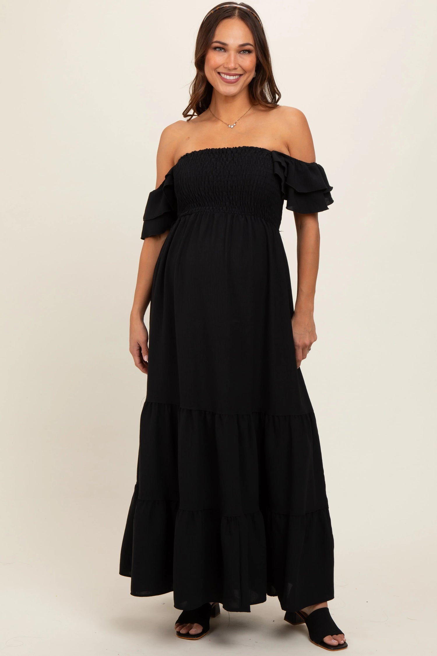 PinkBlush Black Smocked Ruffle Off Shoulder Tiered Maternity Maxi Dress - 