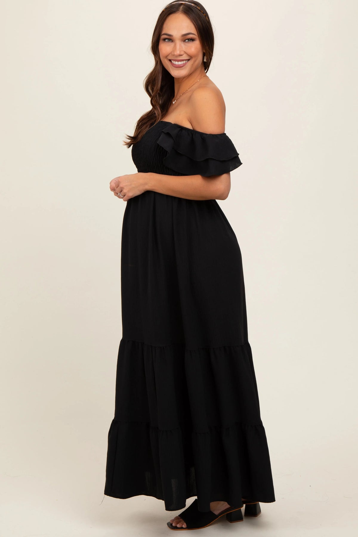 PinkBlush Black Smocked Ruffle Off Shoulder Tiered Maternity Maxi Dress - 