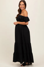 PinkBlush Black Smocked Ruffle Off Shoulder Tiered Maternity Maxi Dress - 