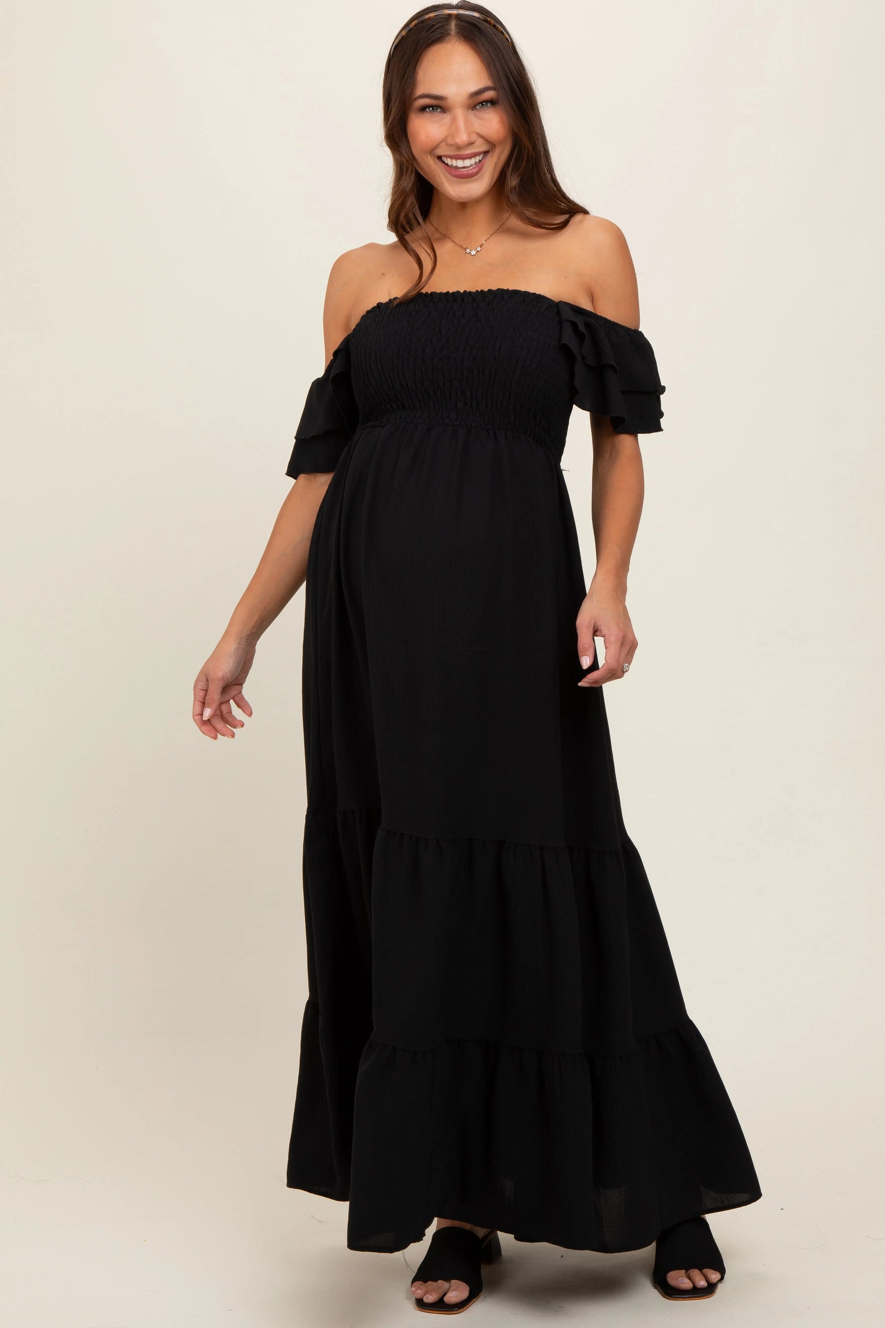 Black Smocked Ruffle Off Shoulder Tiered Maternity Maxi Dress - Formal wear, Dress, Day Dress, One-piece garment, Gown | Everetts Place