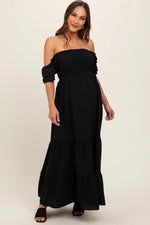 PinkBlush Black Smocked Ruffle Off Shoulder Tiered Maternity Maxi Dress - 