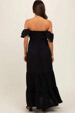 PinkBlush Black Smocked Ruffle Off Shoulder Tiered Maternity Maxi Dress - 