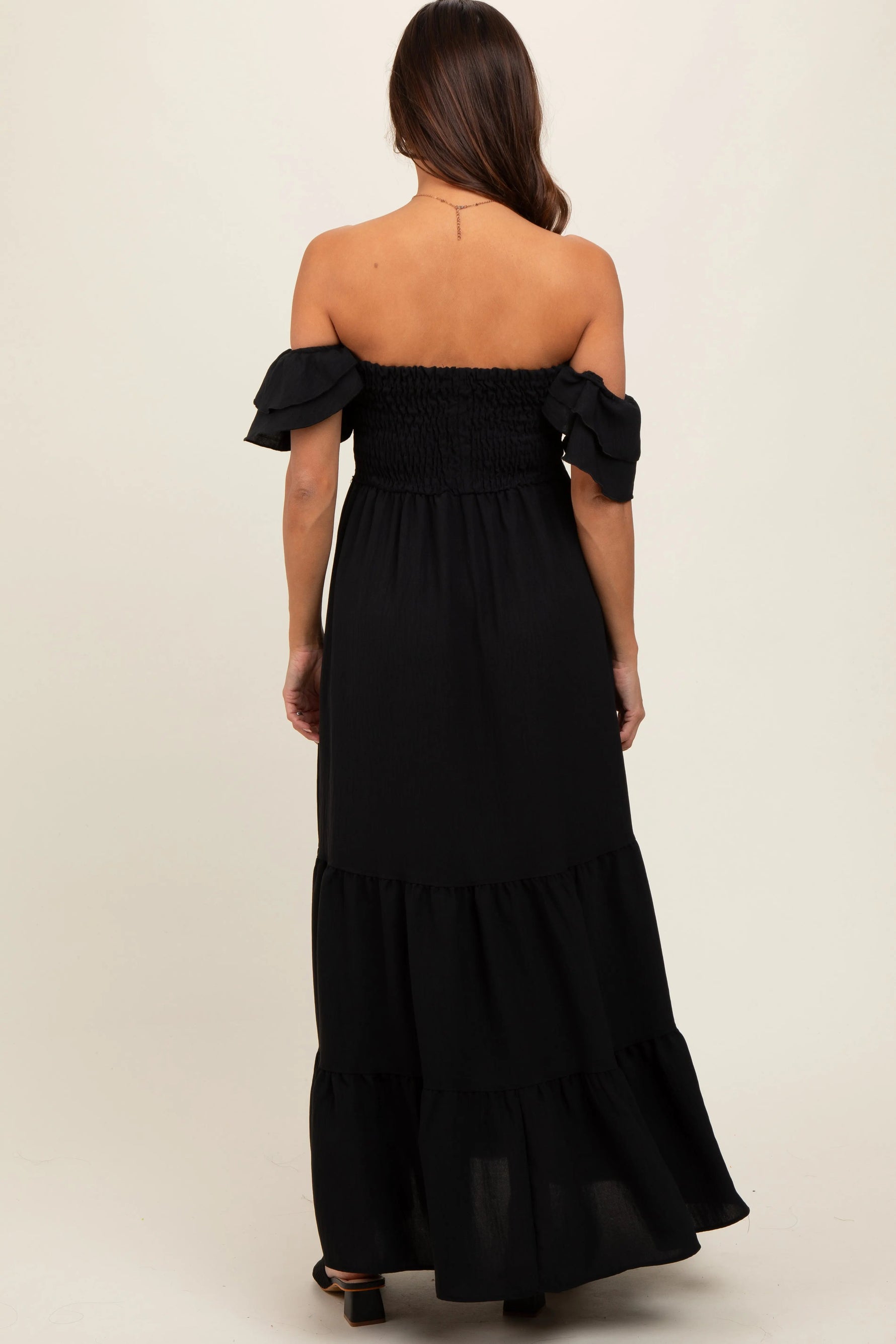 PinkBlush Black Smocked Ruffle Off Shoulder Tiered Maternity Maxi Dress - 