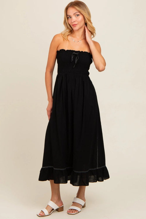 Black Smocked Strapless Midi Dress