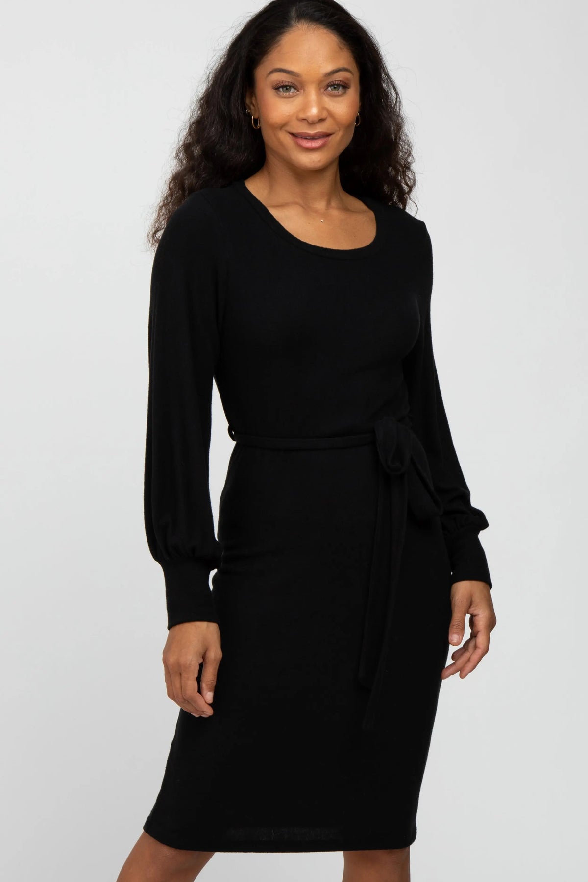 PinkBlush Black Soft Brushed Waist Tie Bubble Sleeve Maternity Dress - 