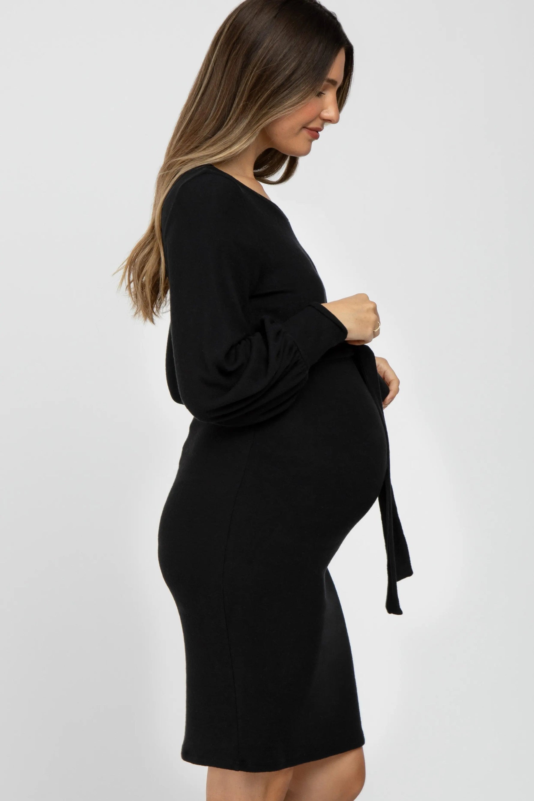 PinkBlush Black Soft Brushed Waist Tie Bubble Sleeve Maternity Dress - 