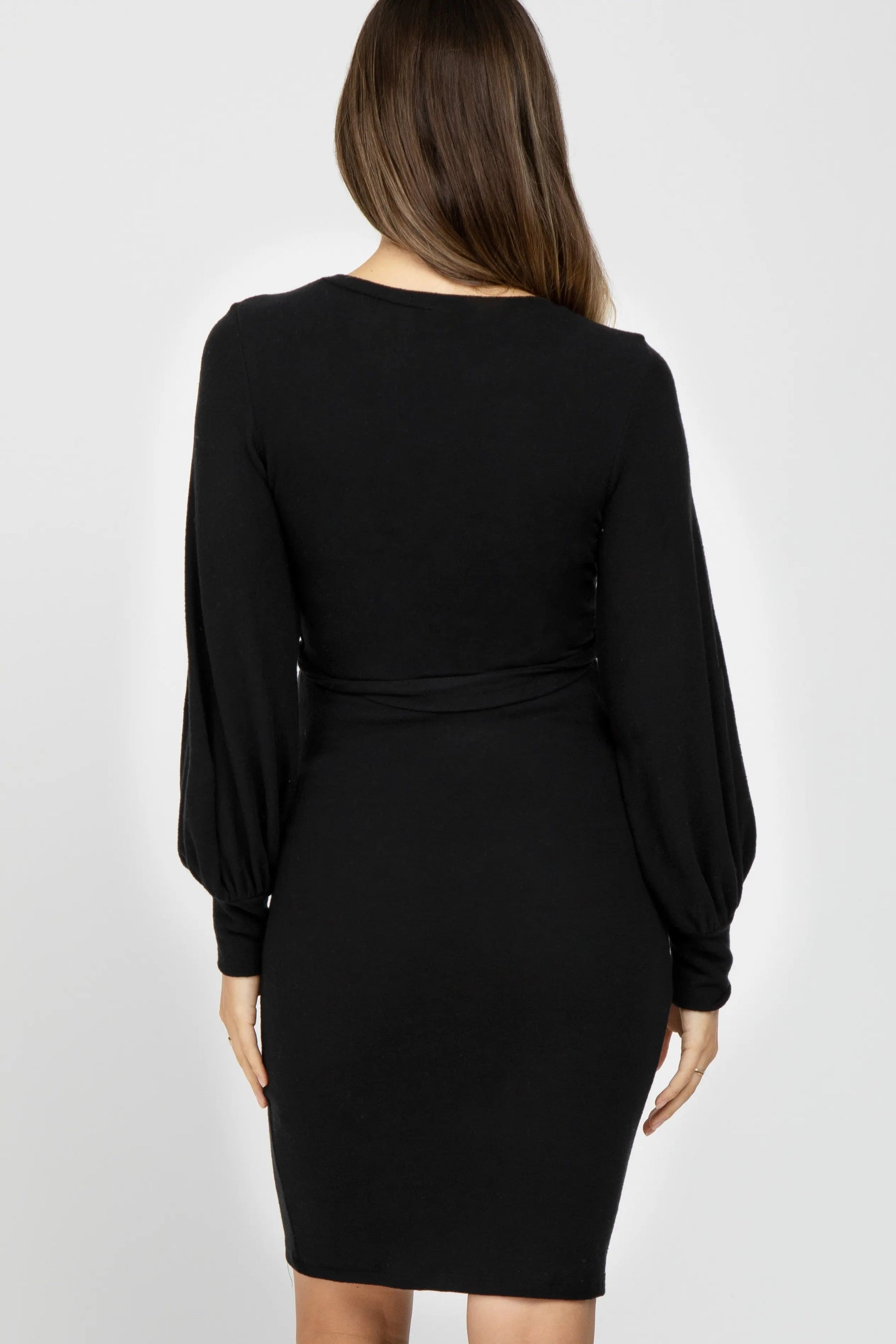 PinkBlush Black Soft Brushed Waist Tie Bubble Sleeve Maternity Dress - 