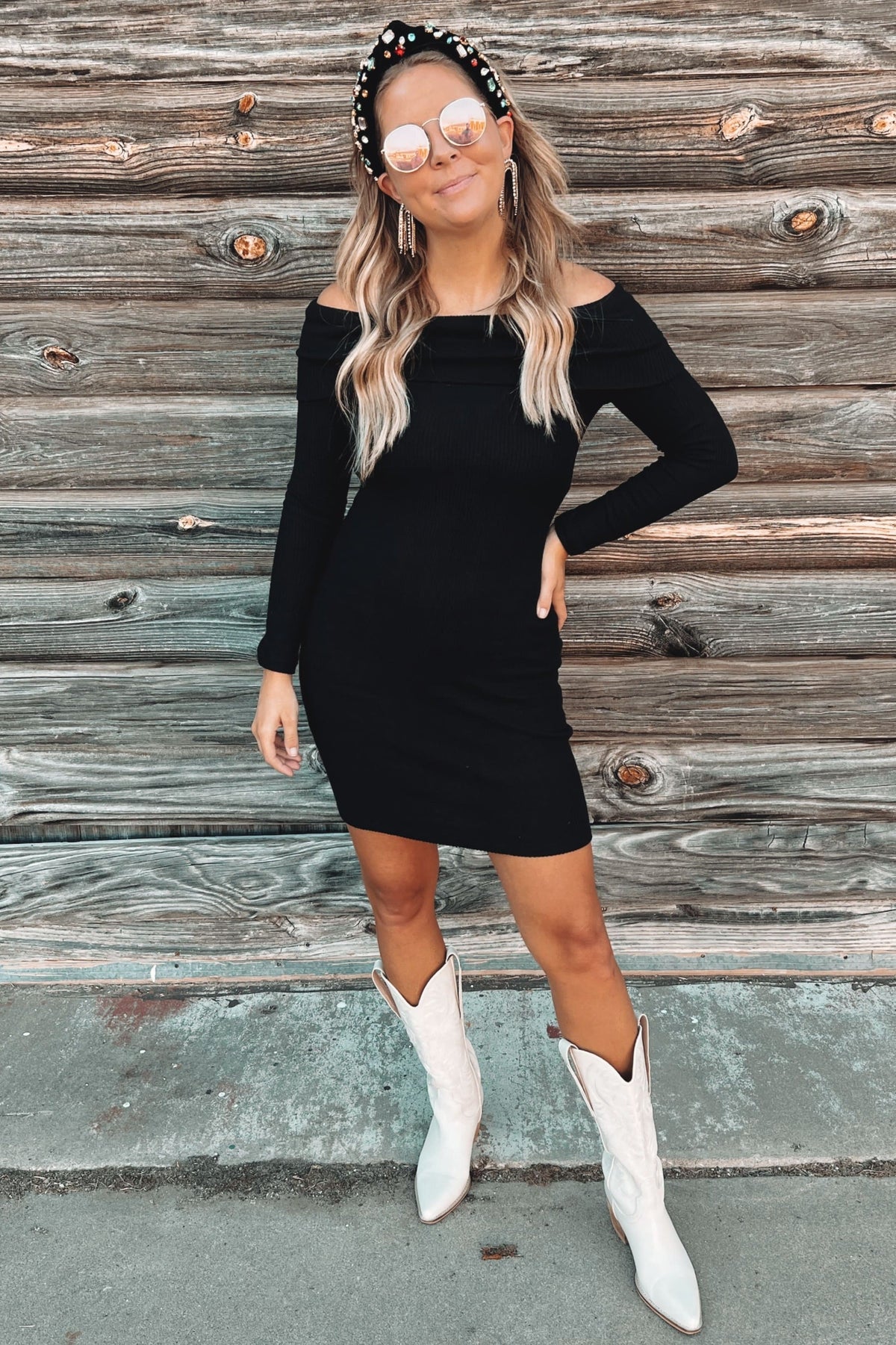 PinkBlush Black Soft Ribbed Folded Neck Off Shoulder DressEveretts Place