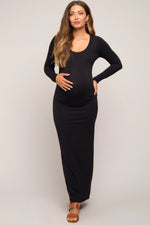 PinkBlush Black Solid Long Sleeve Scoop Neck Maternity Maxi Dress - 