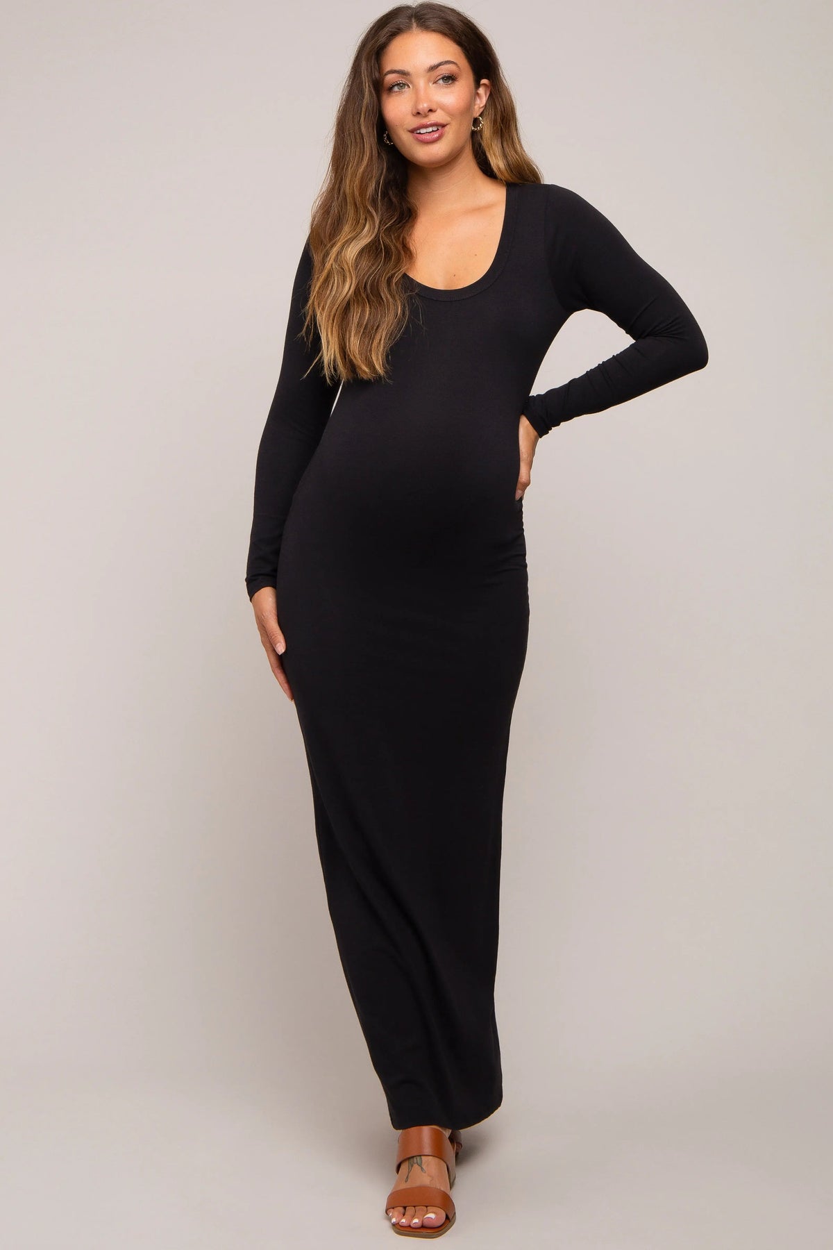 PinkBlush Black Solid Long Sleeve Scoop Neck Maternity Maxi Dress - 