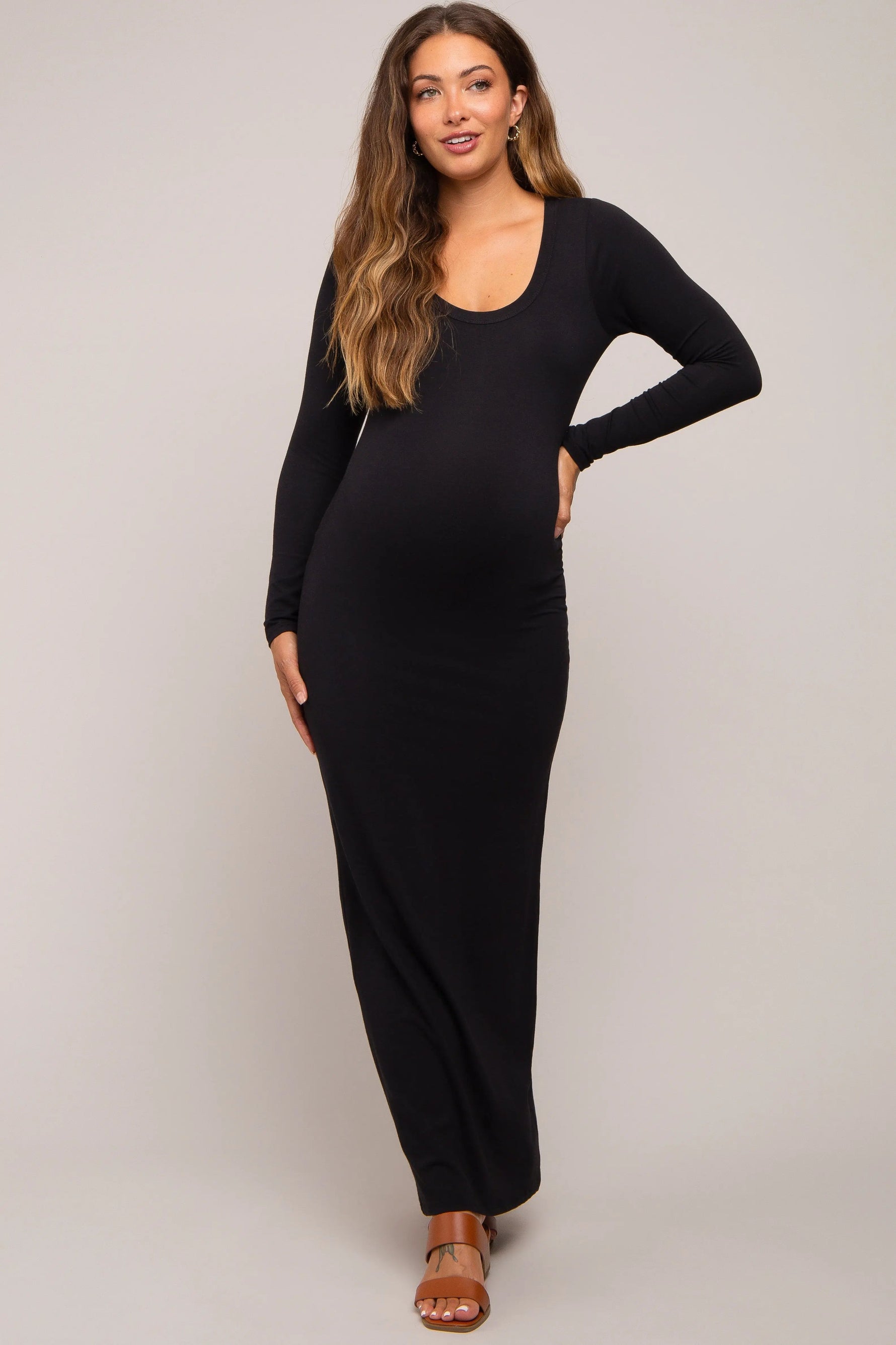 PinkBlush Black Solid Long Sleeve Scoop Neck Maternity Maxi Dress - 