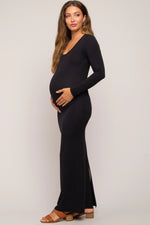 PinkBlush Black Solid Long Sleeve Scoop Neck Maternity Maxi Dress - 