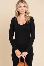 PinkBlush Black Solid Long Sleeve Scoop Neck Maxi Dress - 