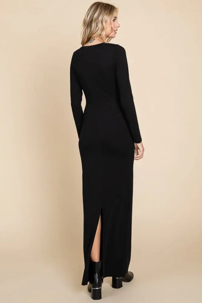PinkBlush Black Solid Long Sleeve Scoop Neck Maxi Dress - 