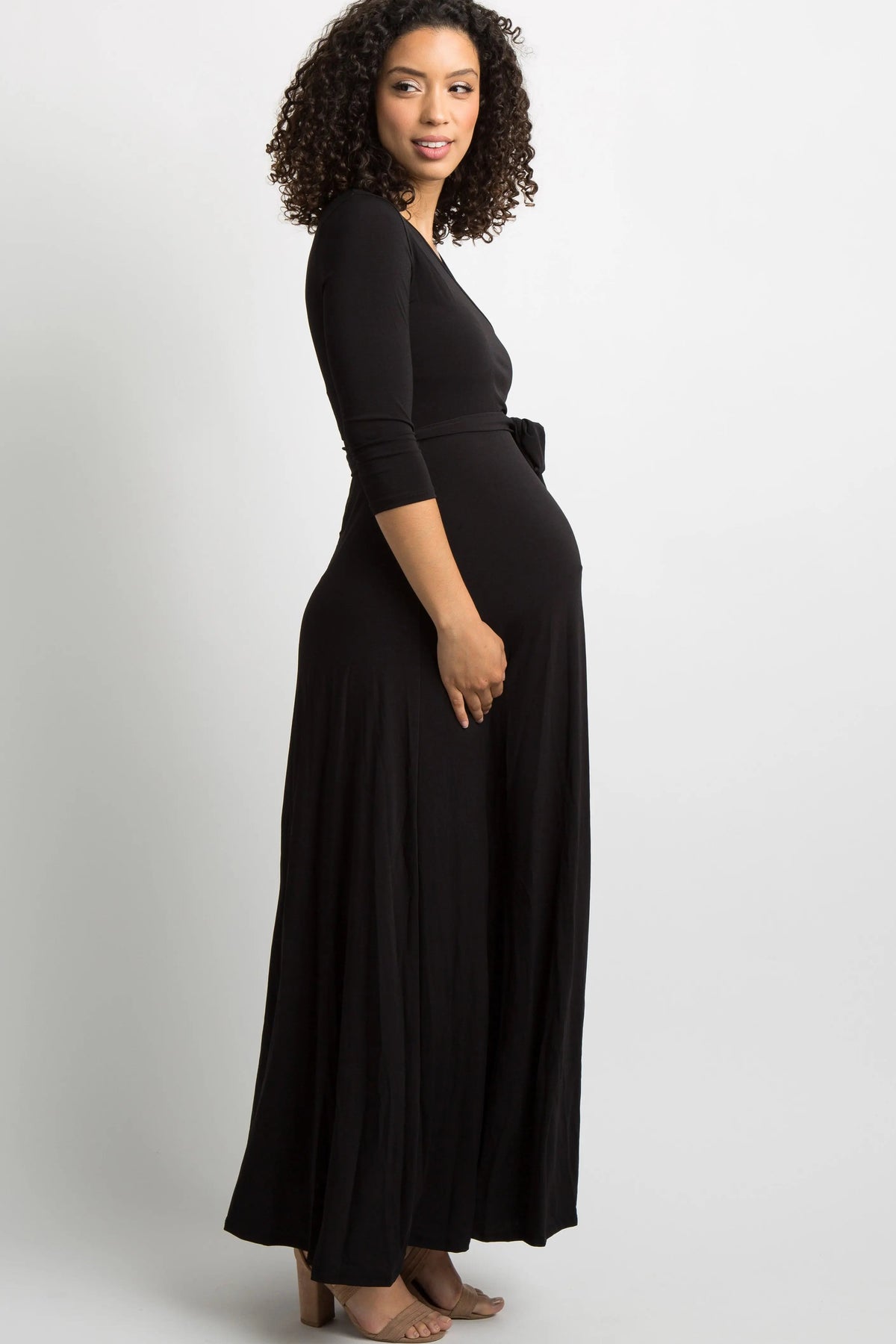 PinkBlush Black Solid Sash Tie Maternity Maxi Dress - 