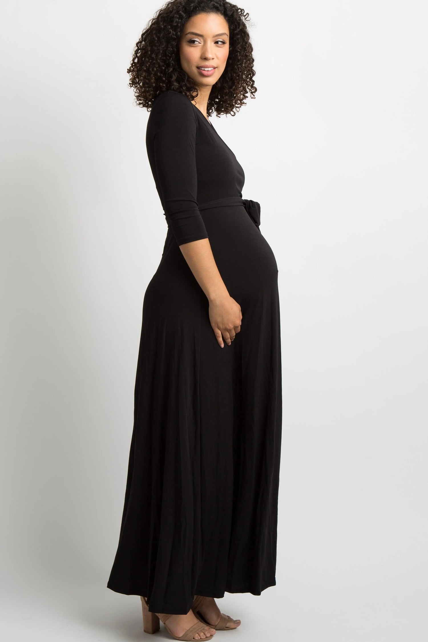 PinkBlush Black Solid Sash Tie Maternity Maxi Dress - 