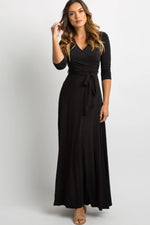 PinkBlush Black Solid Sash Tie Maternity Maxi Dress - 