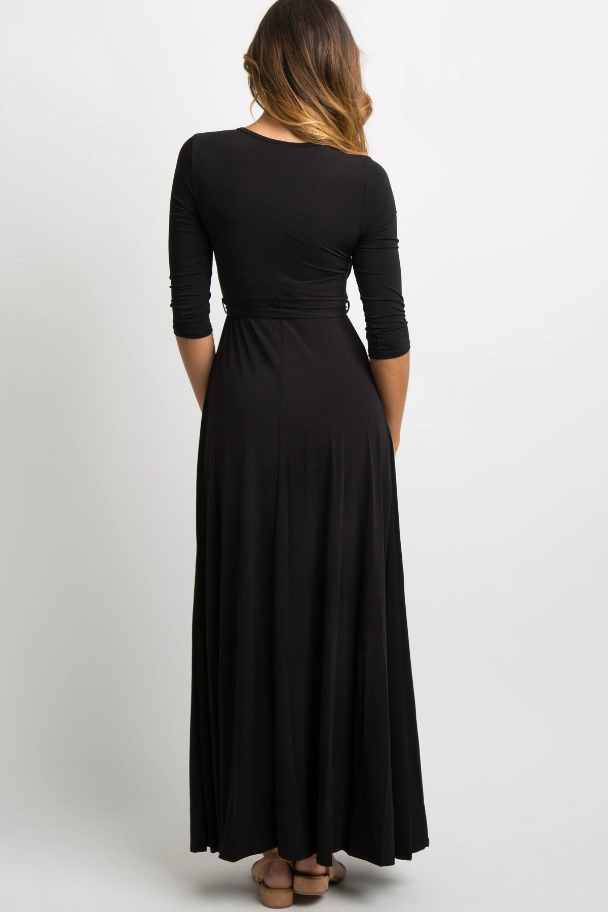 PinkBlush Black Solid Sash Tie Maxi Dress - 