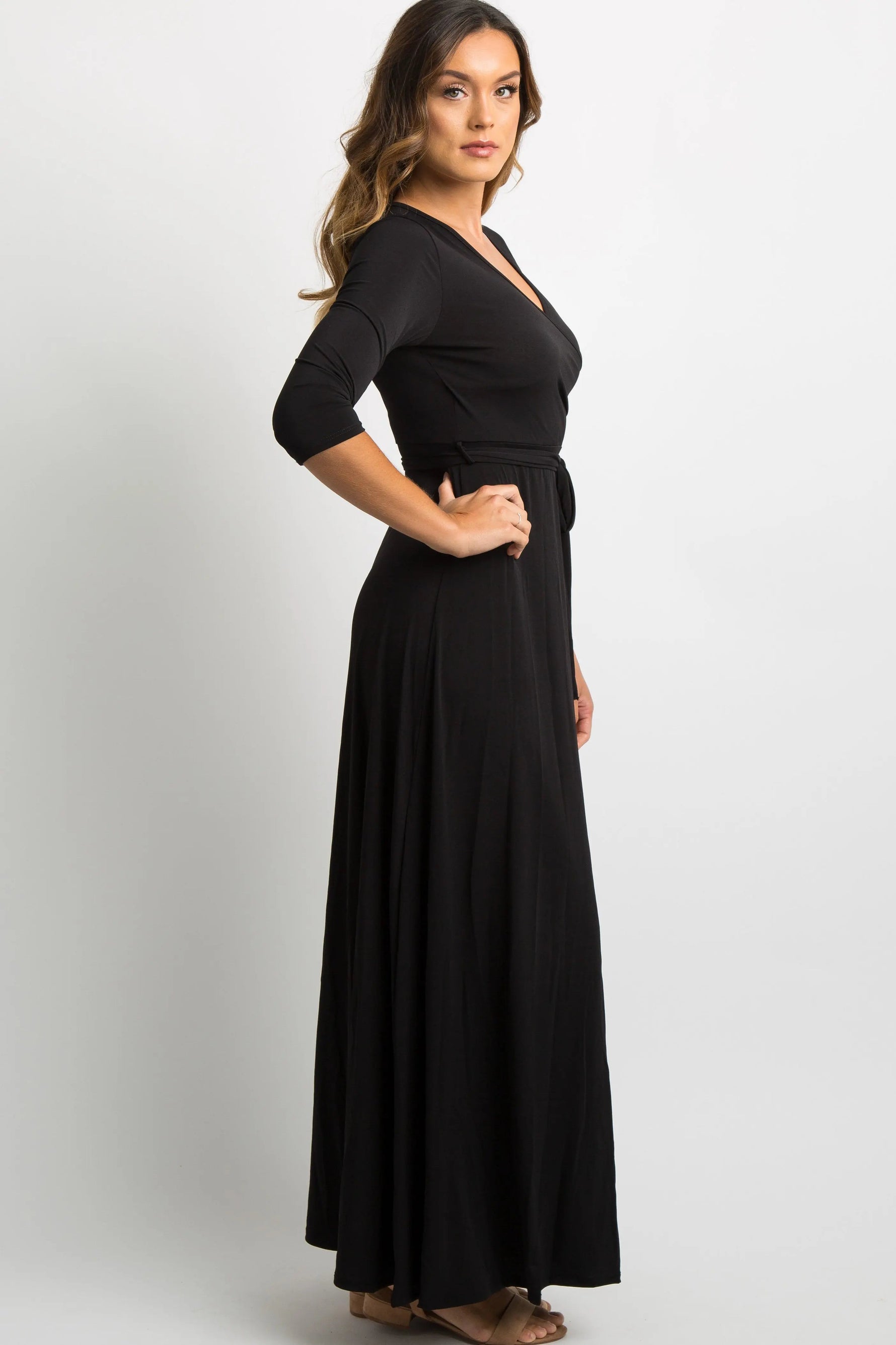 PinkBlush Black Solid Sash Tie Maxi Dress - 