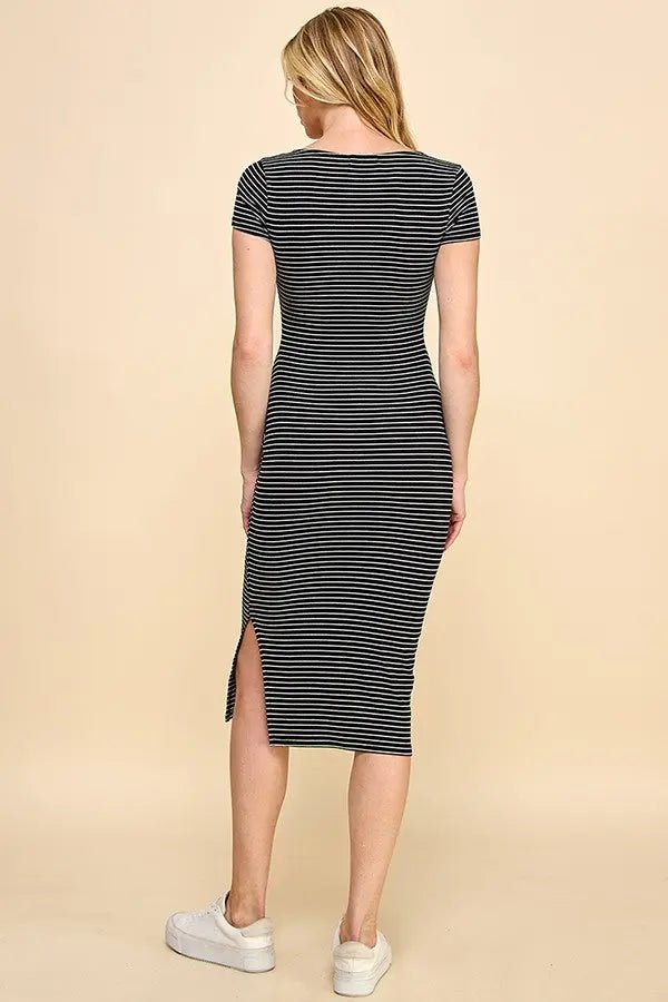 PinkBlush Black Striped Button Square Neck Dress - 