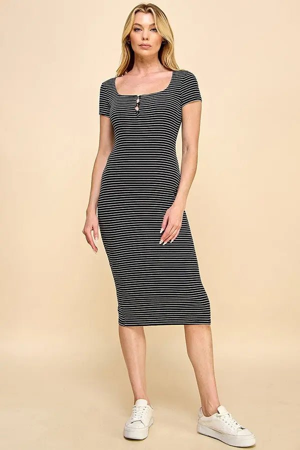 PinkBlush Black Striped Button Square Neck Dress - 