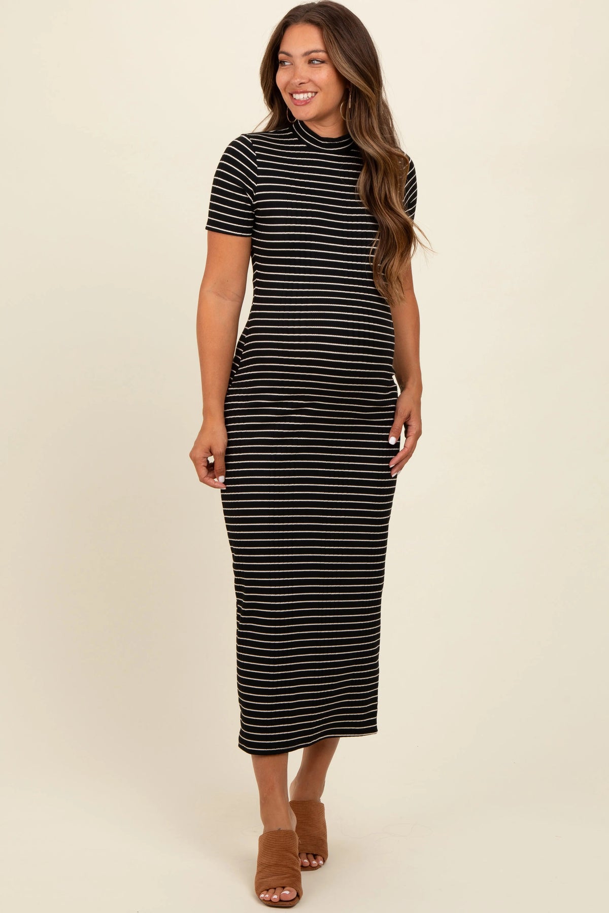 Black Striped Mock Neck Fitted Maternity Midi Dress - Person, Dress, Shoe, Sandal, High heels | Everetts Place