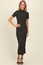 PinkBlush Black Striped Mock Neck Fitted Maternity Midi Dress - 