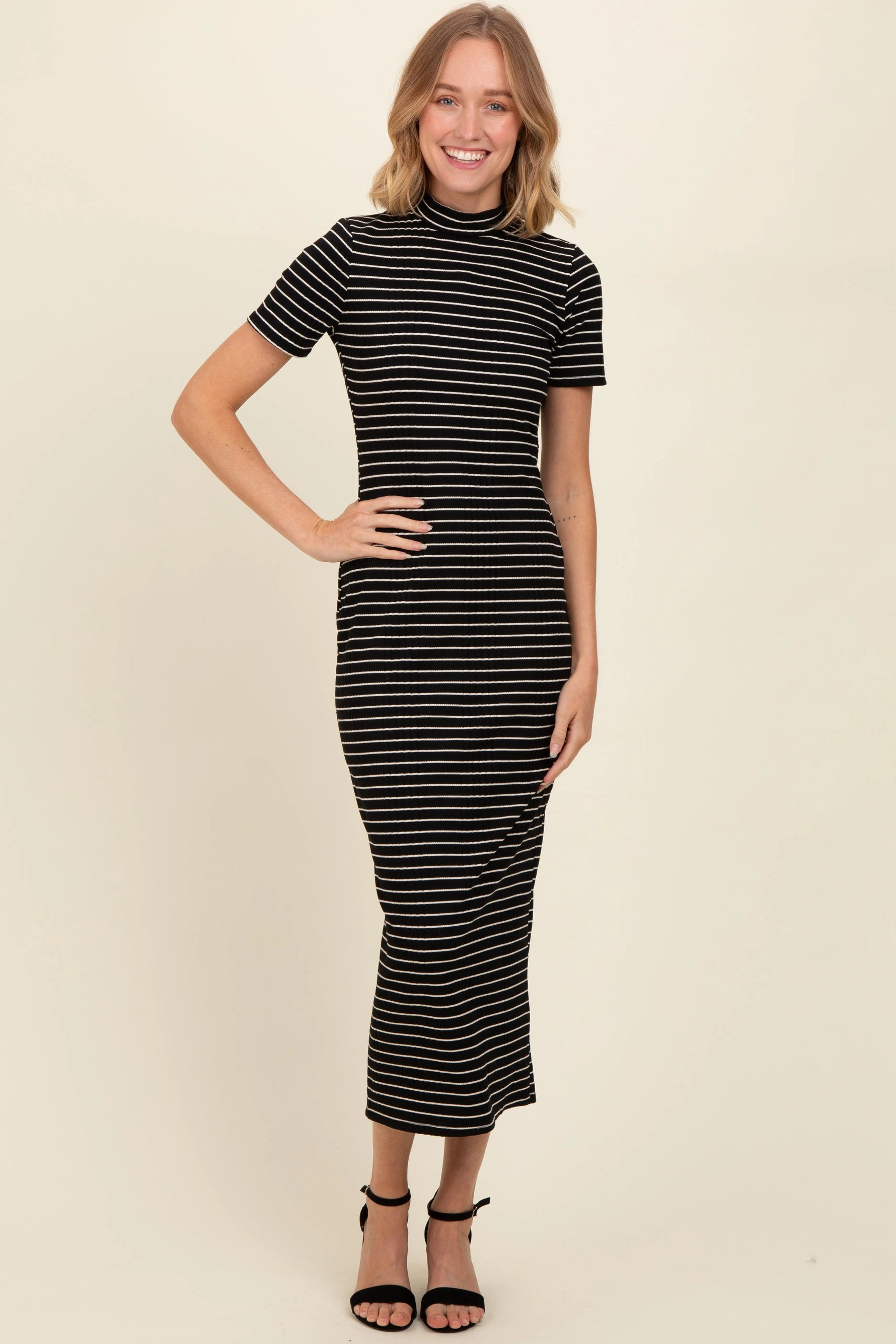 Black Striped Mock Neck Fitted Midi Dress - Day Dress, Person, Sandal, Dress, High heels | Everetts Place