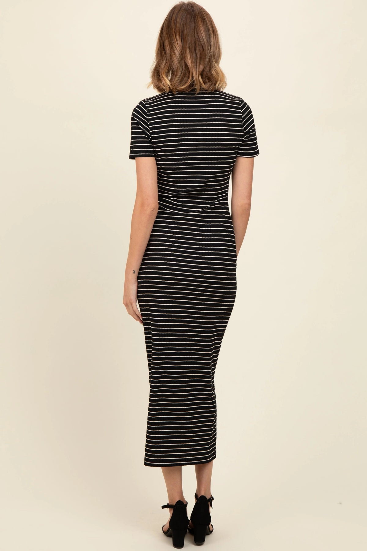 PinkBlush Black Striped Mock Neck Fitted Midi Dress - 