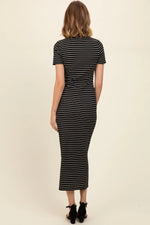 PinkBlush Black Striped Mock Neck Fitted Midi Dress - 
