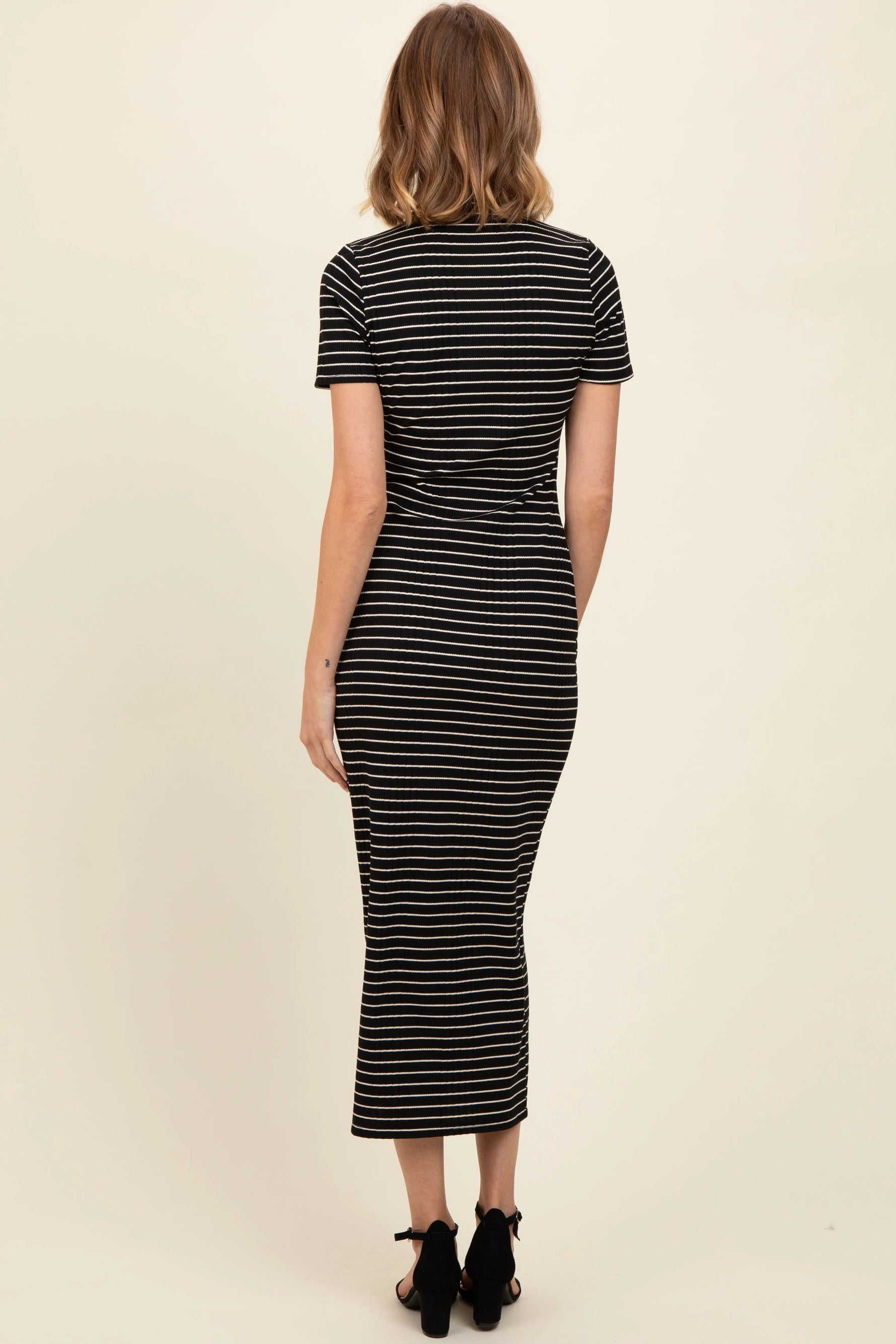 PinkBlush Black Striped Mock Neck Fitted Midi Dress - 