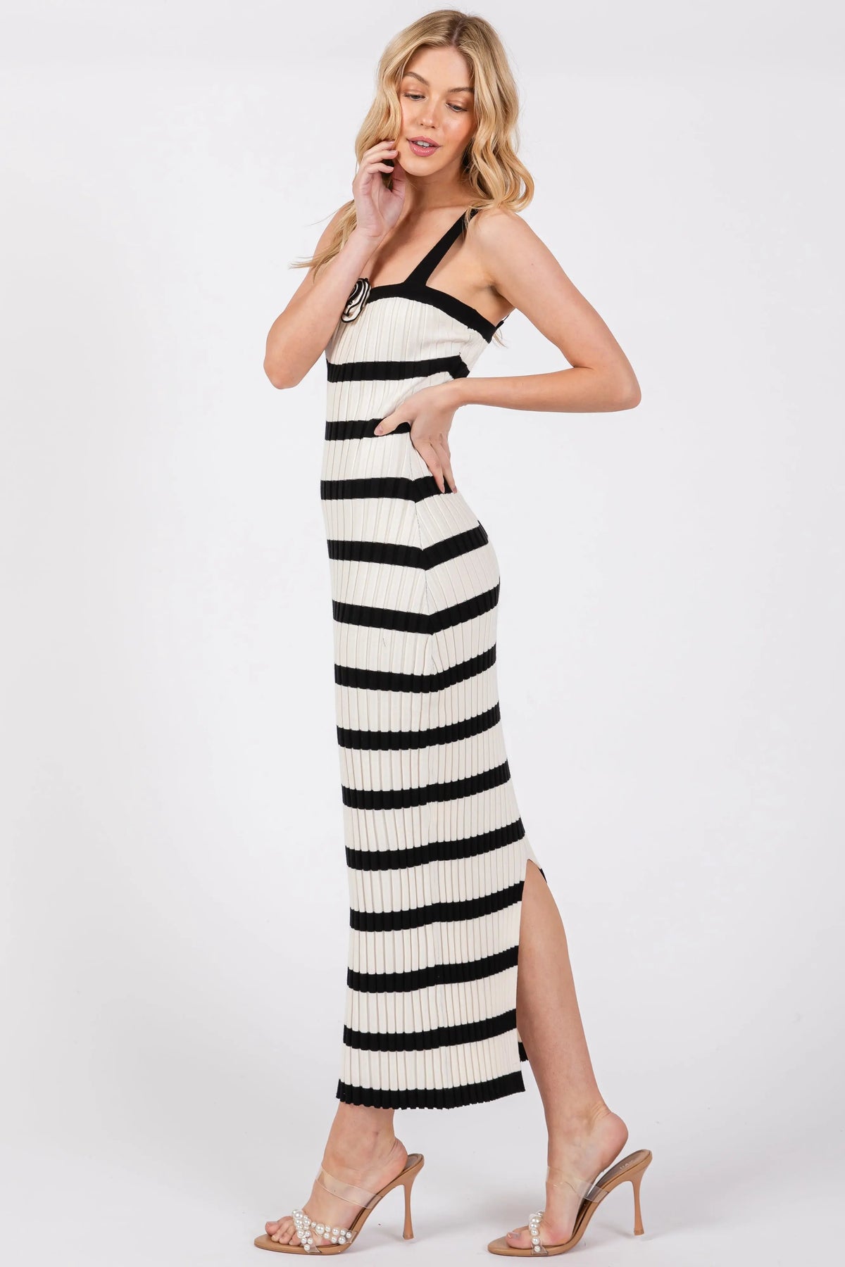 PinkBlush Black Striped Ribbed Knit Rosette Midi Dress - 