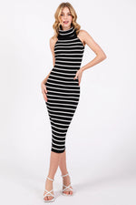 PinkBlush Black Striped Ribbed Off Shoulder Maternity Midi Dress - 