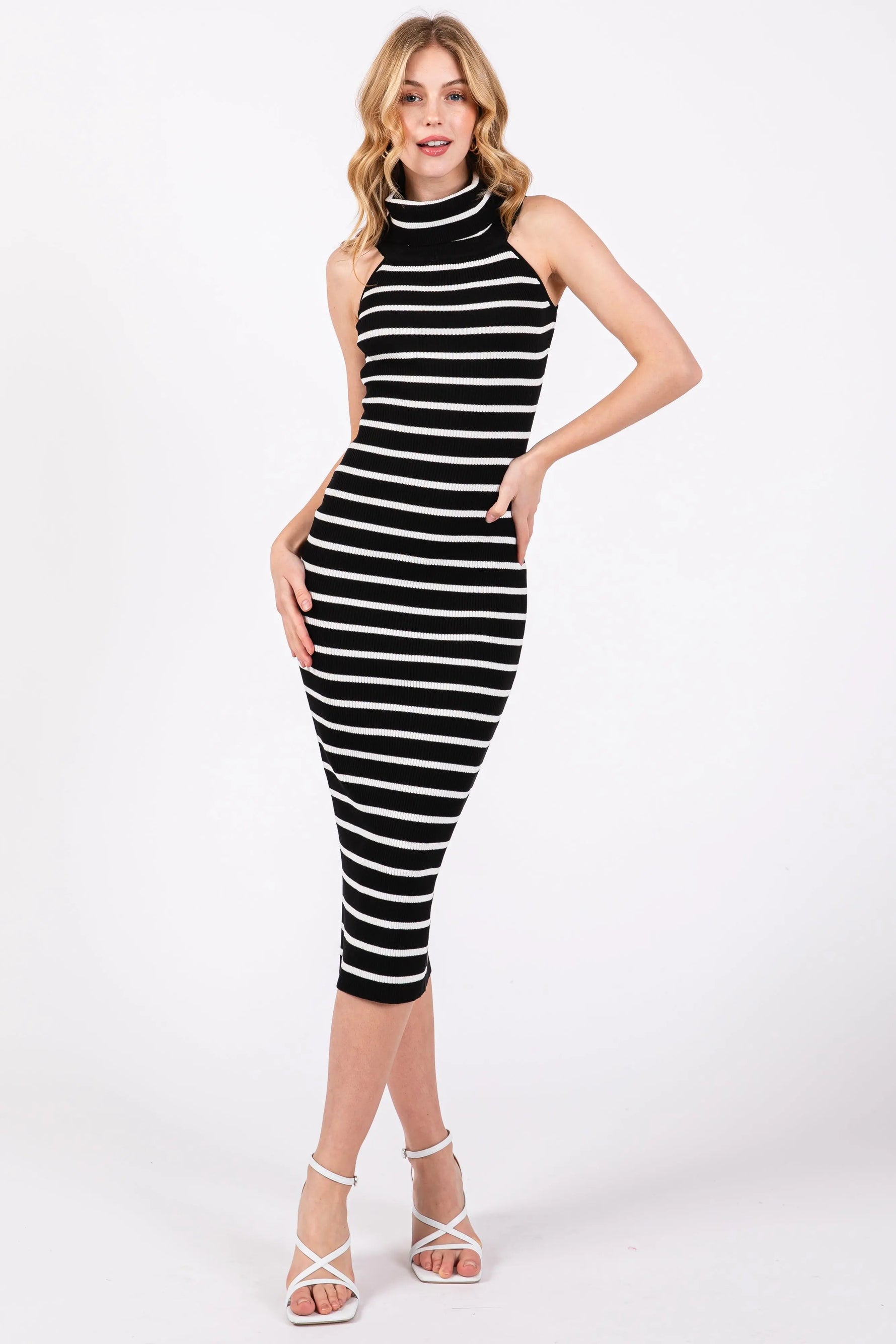 PinkBlush Black Striped Ribbed Off Shoulder Maternity Midi Dress - 