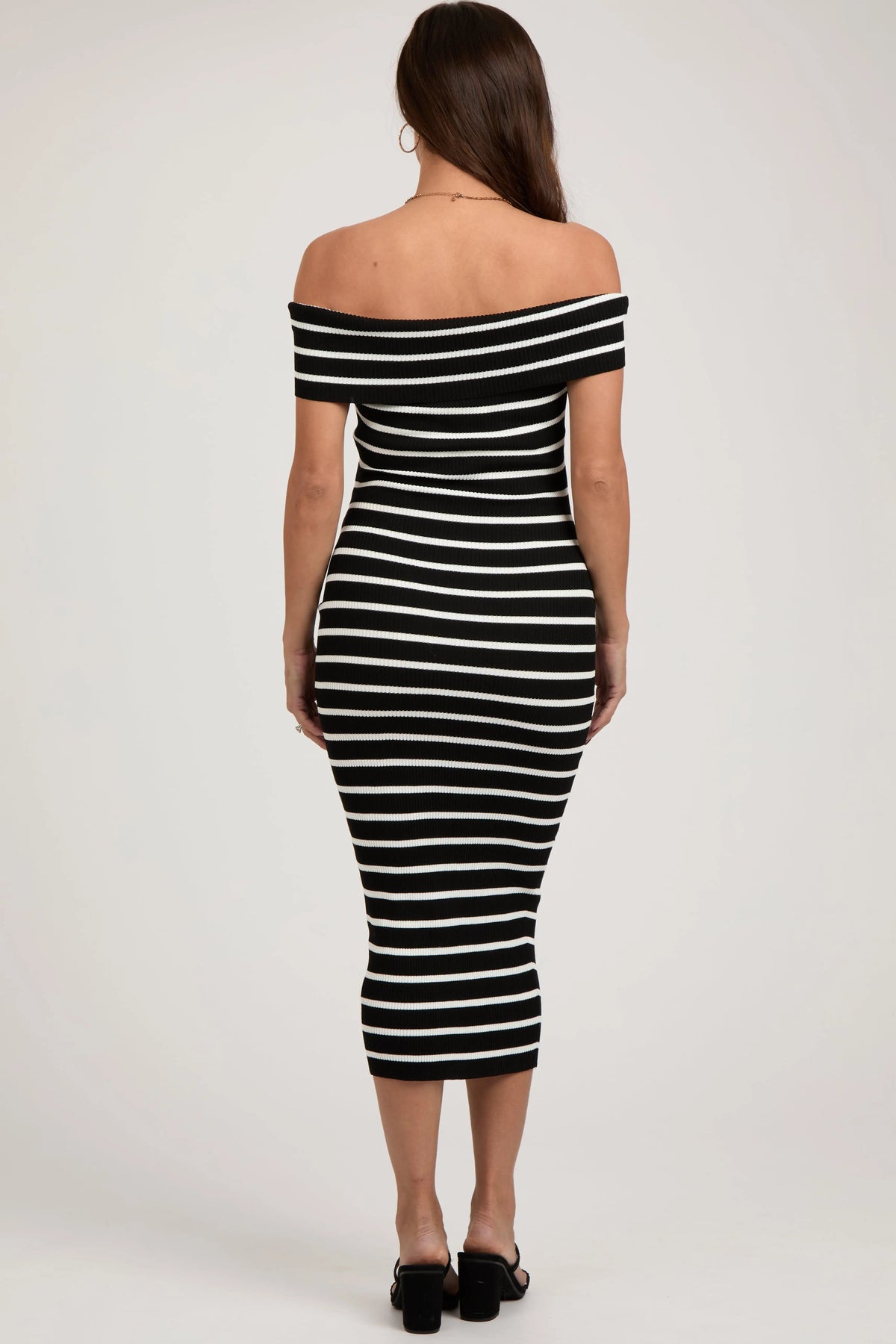 PinkBlush Black Striped Ribbed Off Shoulder Maternity Midi Dress - 
