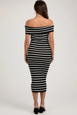 PinkBlush Black Striped Ribbed Off Shoulder Maternity Midi Dress - 