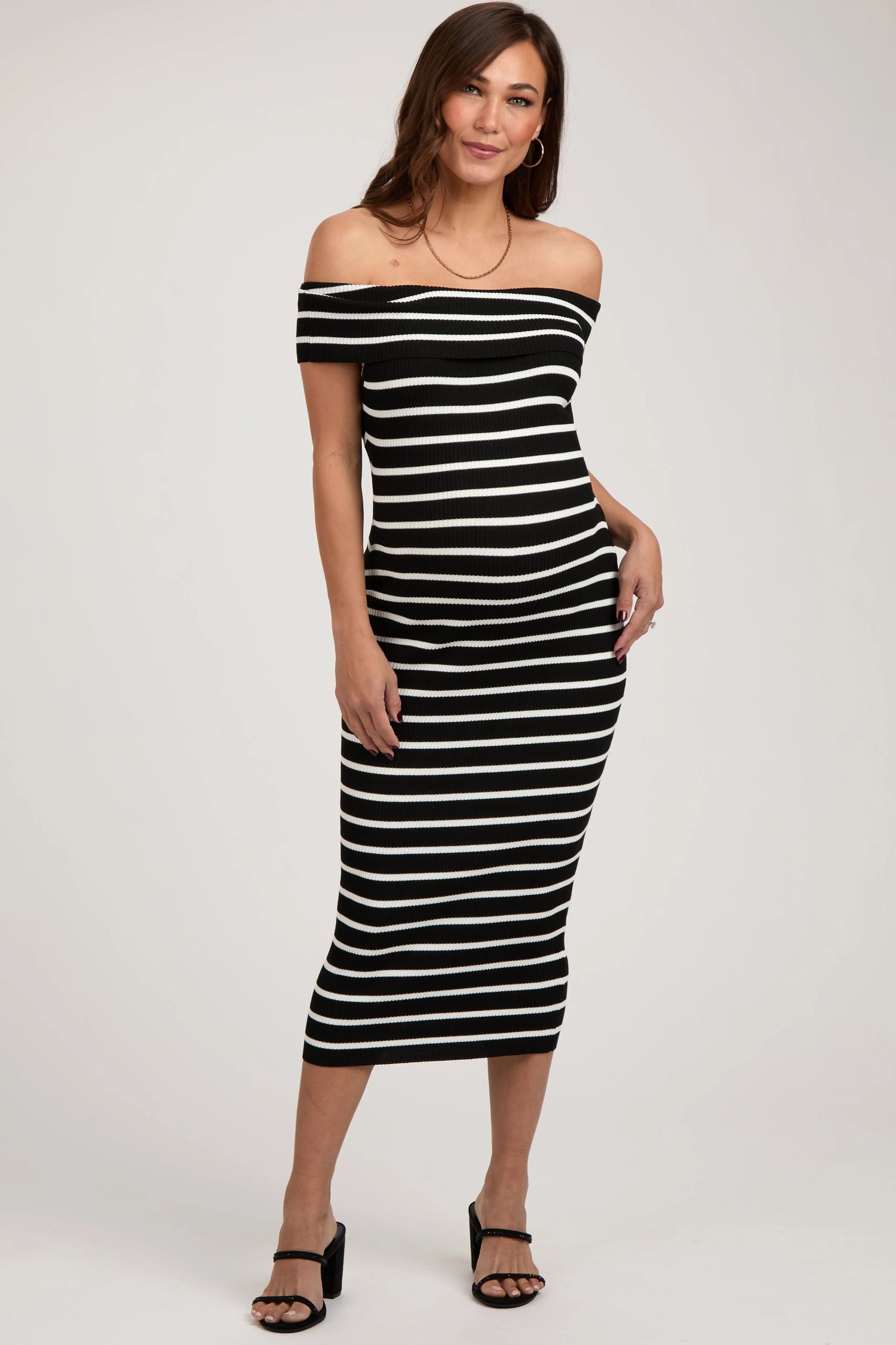 Black Striped Ribbed Off Shoulder Maternity Midi Dress - Day Dress, One-piece garment, Cocktail dress, Strapless dress, Design | Everetts Place